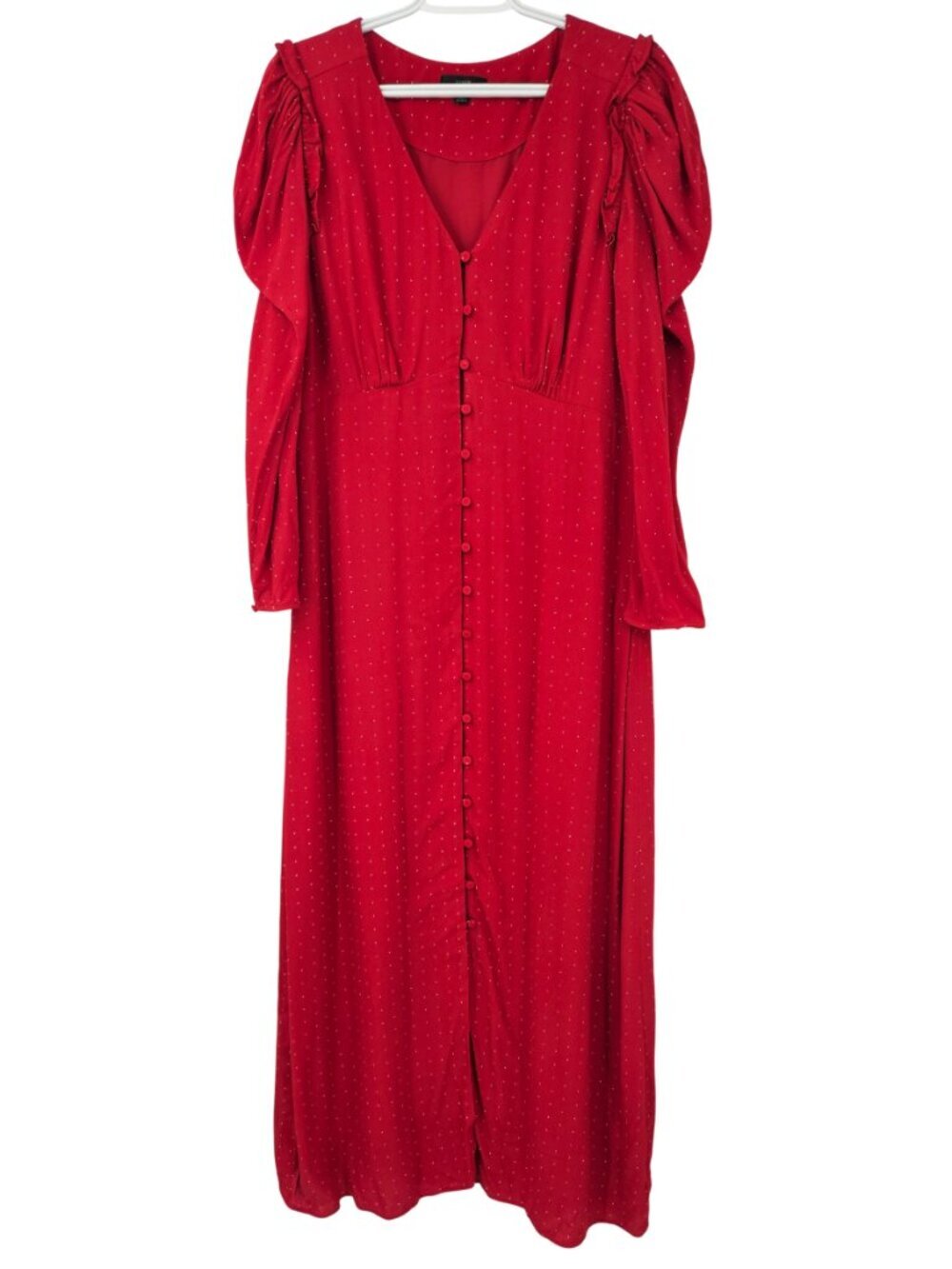 J. Crew Puff Sleeve Midi Dress In Pin Dot Red Women's Size 12 Button Front Party - Picture 2 of 13